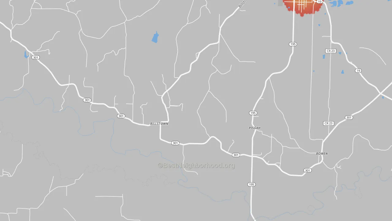 Walk Grade map of Pisgah, AR, walkable areas in green and car-dependent areas in red