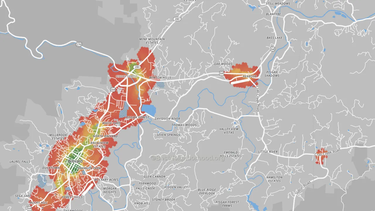 Walk Grade map of Pisgah Forest, NC, walkable areas in green and car-dependent areas in red