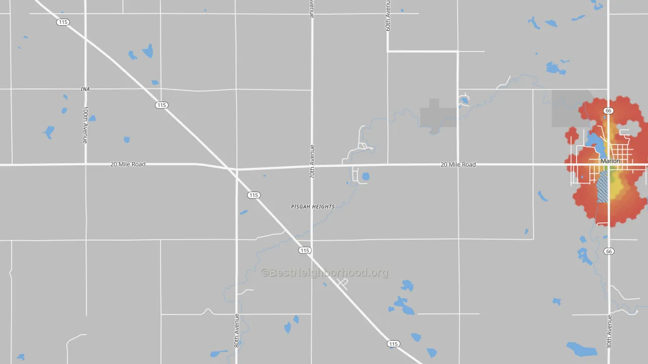 Walk Grade map of Pisgah Heights, MI, walkable areas in green and car-dependent areas in red