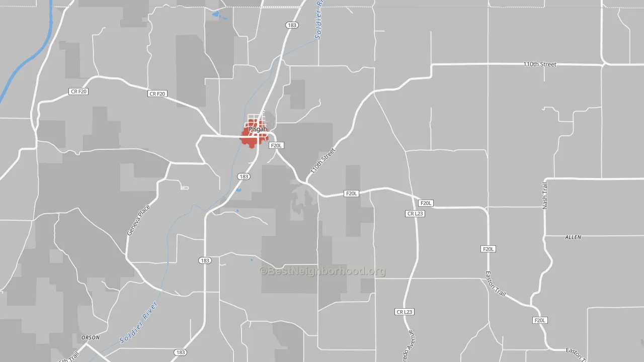 Walk Grade map of Pisgah, IA, walkable areas in green and car-dependent areas in red