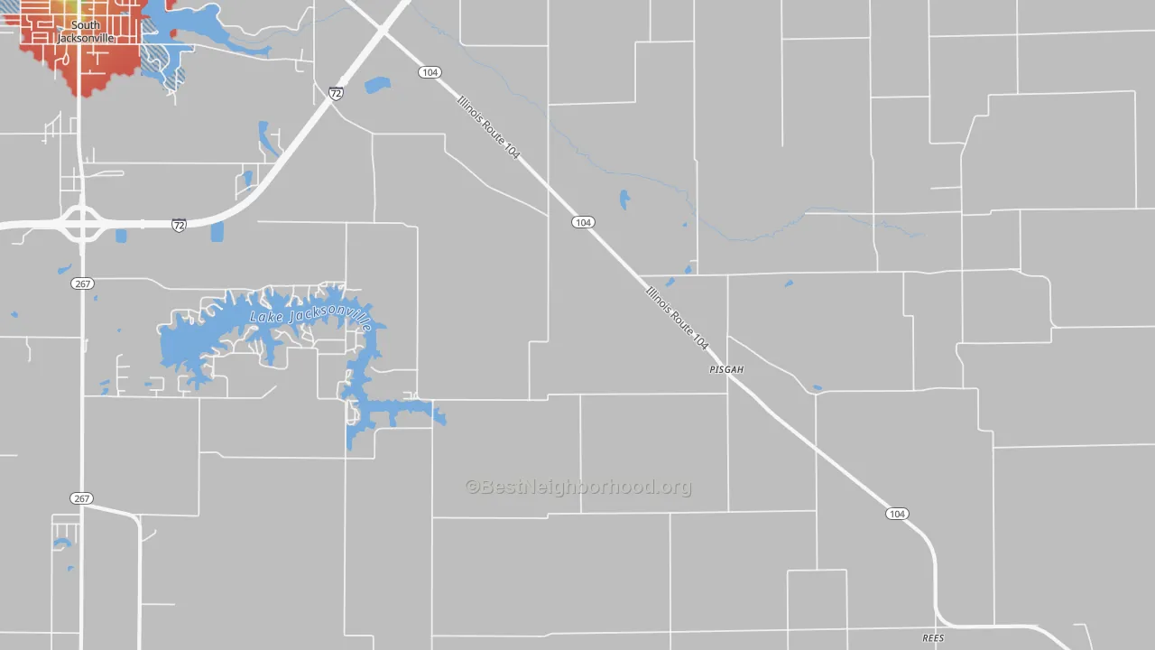 Walk Grade map of Pisgah, IL, walkable areas in green and car-dependent areas in red