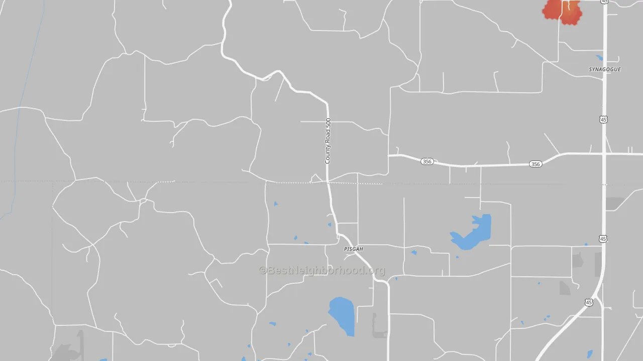 Walk Grade map of Pisgah, MS, walkable areas in green and car-dependent areas in red