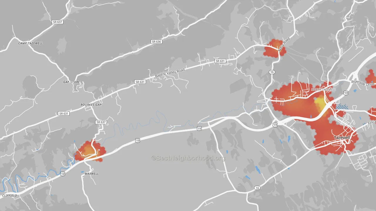 Walk Grade map of Pisgah, VA, walkable areas in green and car-dependent areas in red