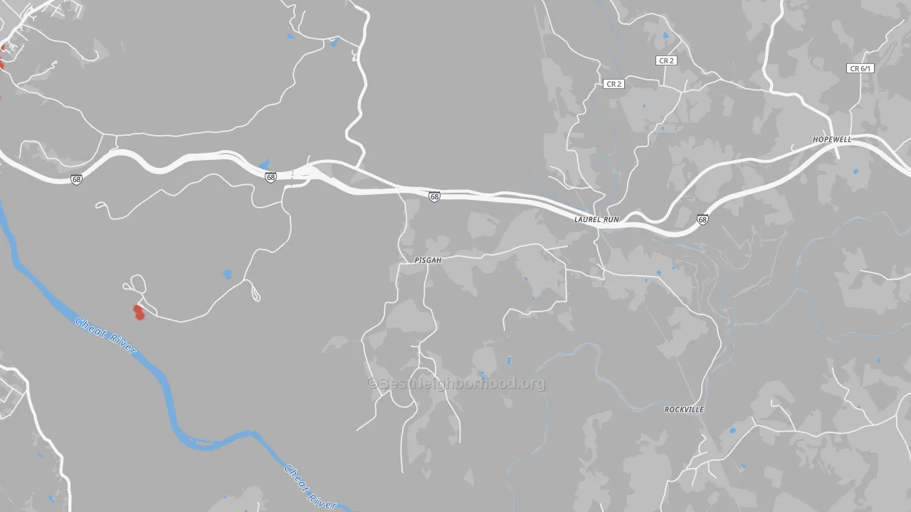 Walk Grade map of Pisgah, WV, walkable areas in green and car-dependent areas in red