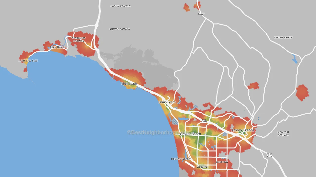 Walk Grade map of Pismo Beach, CA, walkable areas in green and car-dependent areas in red