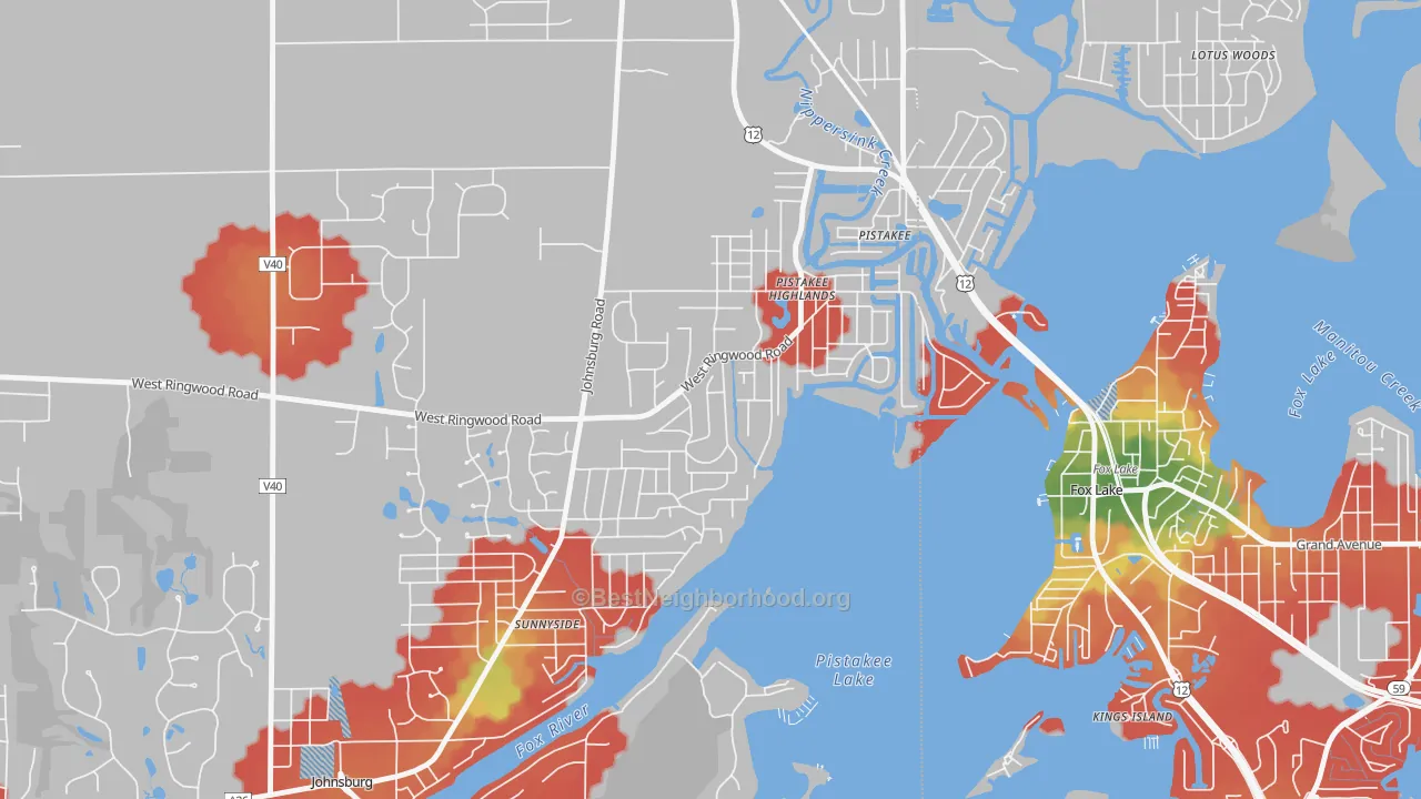 Walk Grade map of Pistakee Highlands, IL, walkable areas in green and car-dependent areas in red