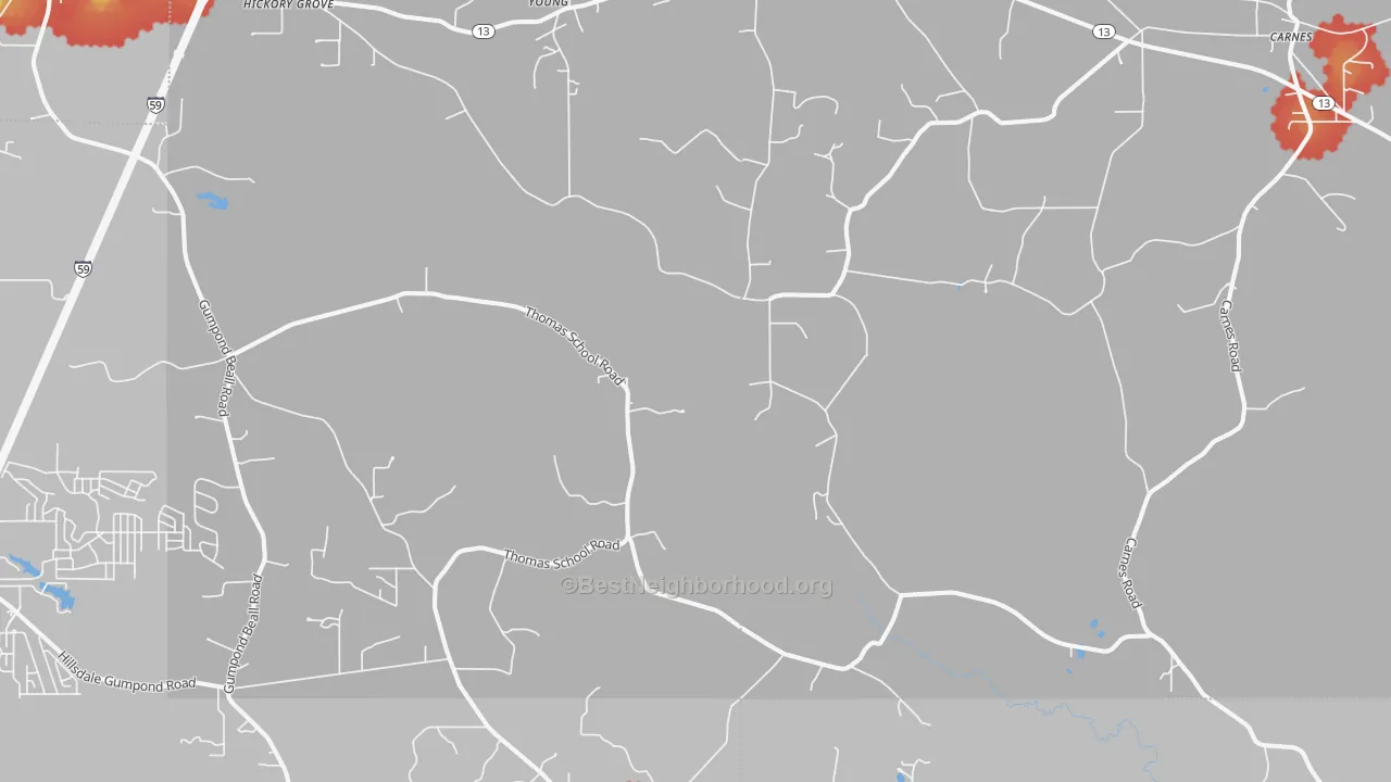 Walk Grade map of Pistol Ridge, MS, walkable areas in green and car-dependent areas in red