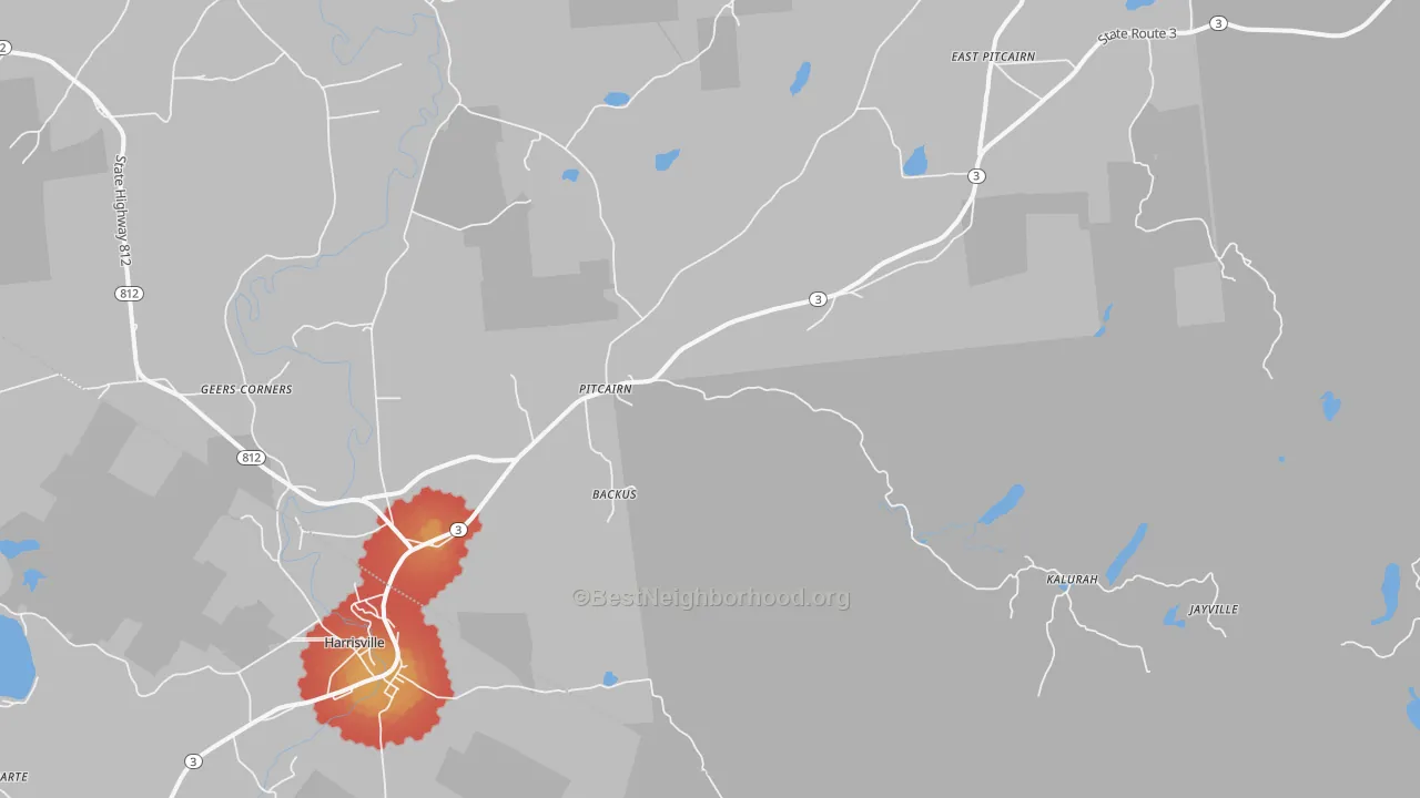 Walk Grade map of Pitcairn, NY, walkable areas in green and car-dependent areas in red