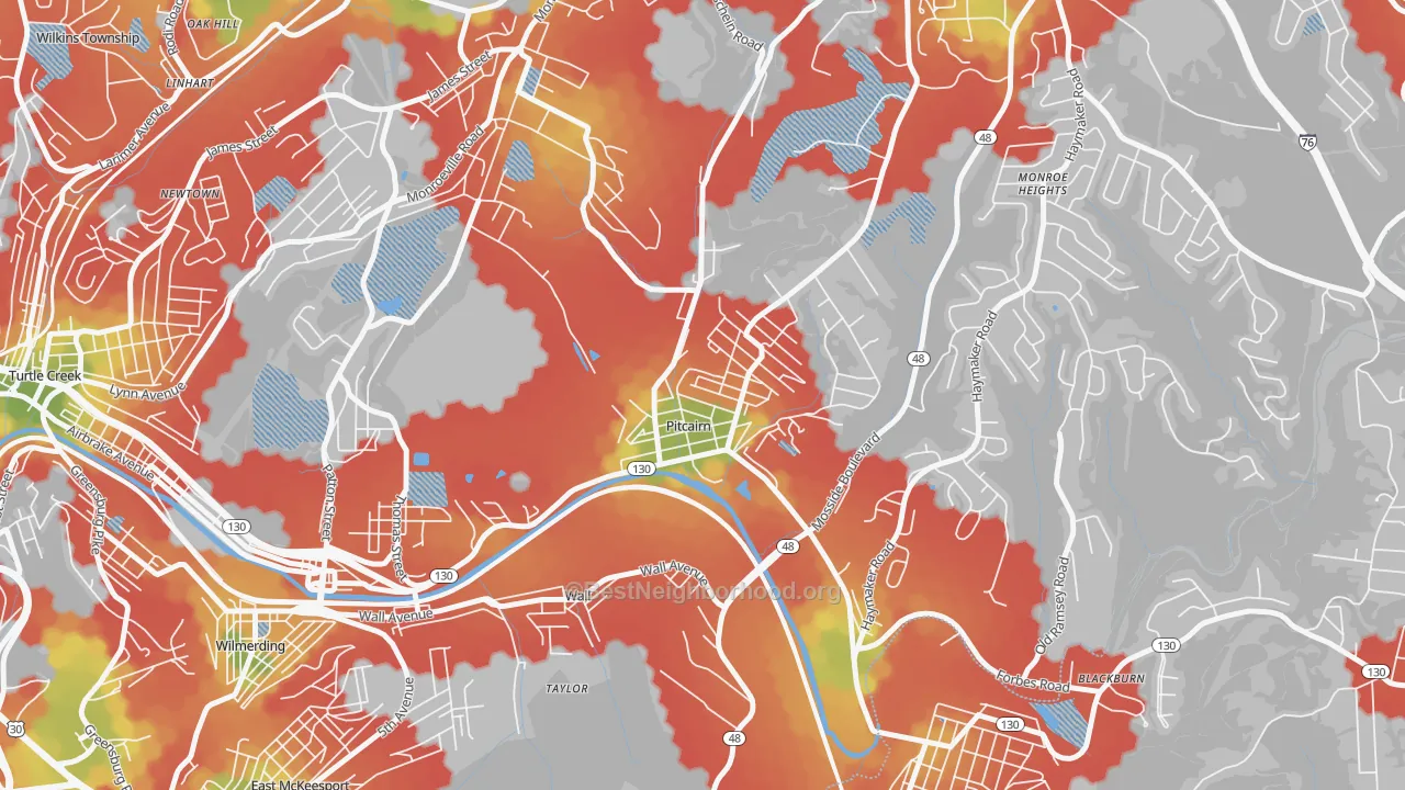 Walk Grade map of Pitcairn, PA, walkable areas in green and car-dependent areas in red