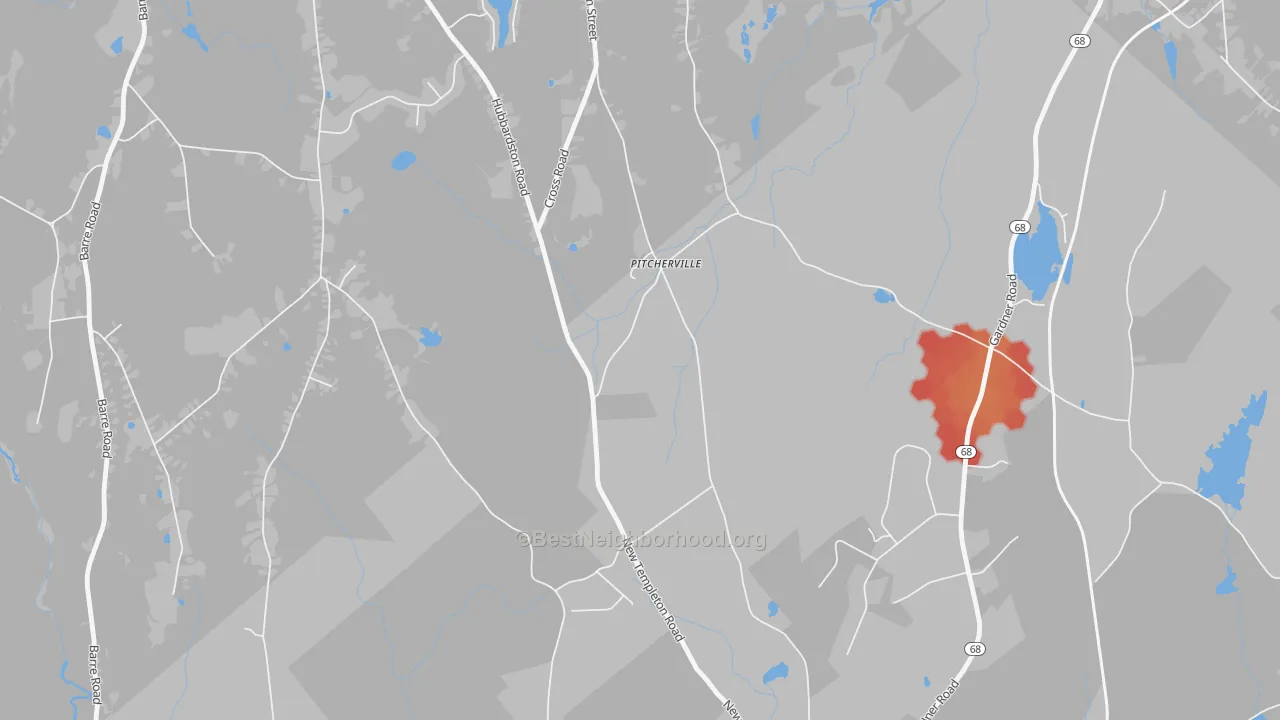 Walk Grade map of Pitcherville, MA, walkable areas in green and car-dependent areas in red