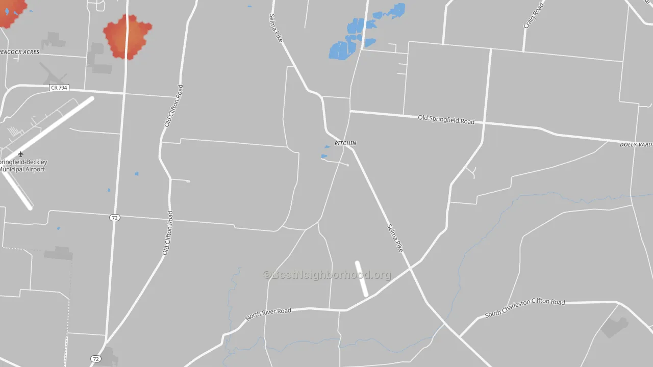 Walk Grade map of Pitchin, OH, walkable areas in green and car-dependent areas in red