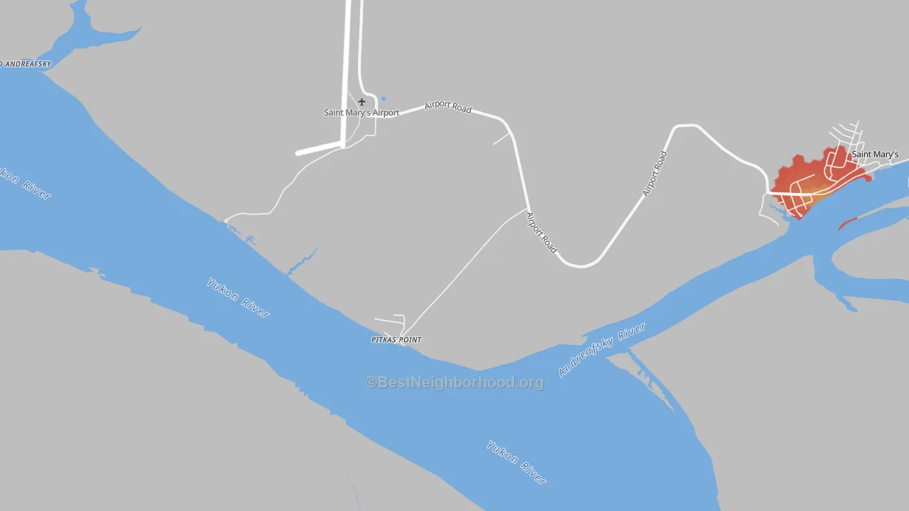Walk Grade map of Pitkas Point, AK, walkable areas in green and car-dependent areas in red