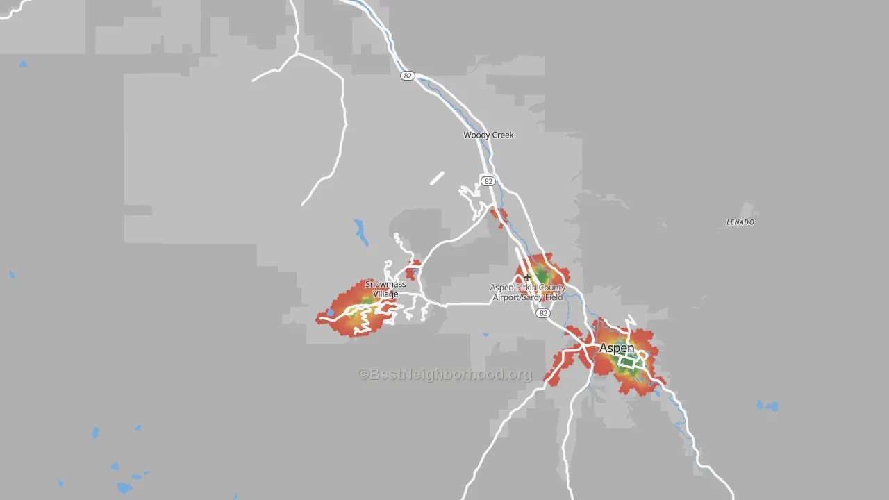 Walk Grade map of Pitkin County, CO, walkable areas in green and car-dependent areas in red