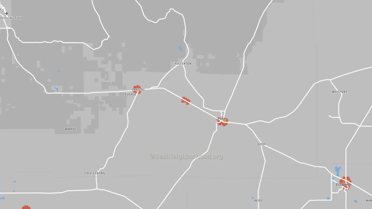 Walk Grade map of Pitkin, LA, walkable areas in green and car-dependent areas in red