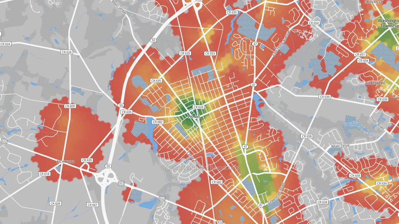 Walk Grade map of Pitman, NJ, walkable areas in green and car-dependent areas in red