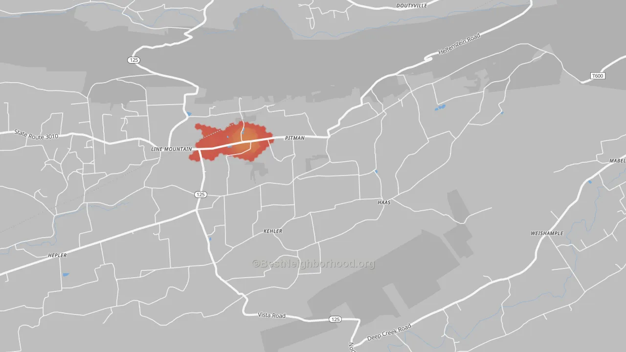 Walk Grade map of Pitman, PA, walkable areas in green and car-dependent areas in red