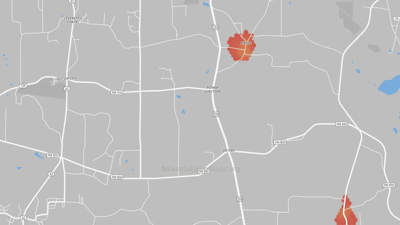 Walk Grade map of Pitner Junction, TX, walkable areas in green and car-dependent areas in red