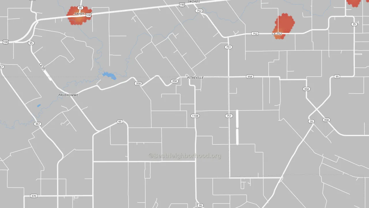Walk Grade map of Pitreville, LA, walkable areas in green and car-dependent areas in red