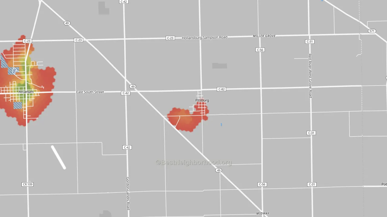 Walk Grade map of Pitsburg, OH, walkable areas in green and car-dependent areas in red