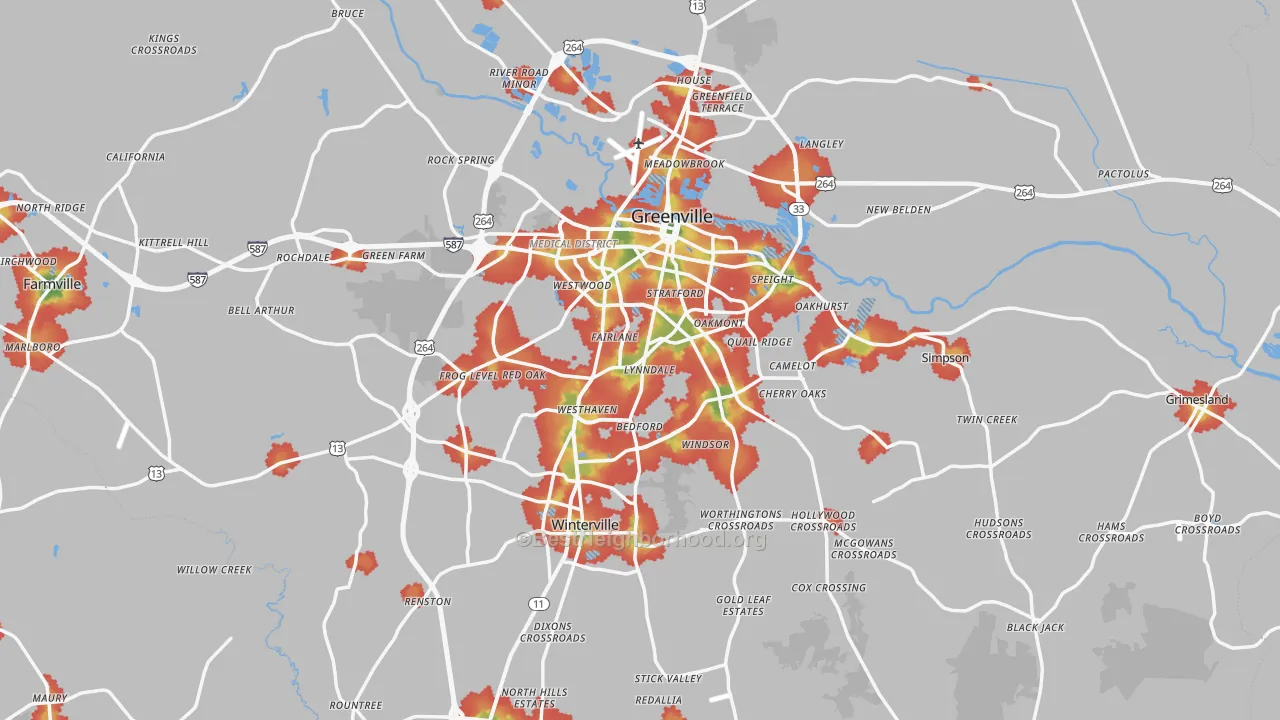 Walk Grade map of Pitt County, NC, walkable areas in green and car-dependent areas in red