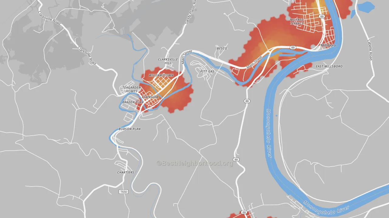 Walk Grade map of Pitt Gas, PA, walkable areas in green and car-dependent areas in red