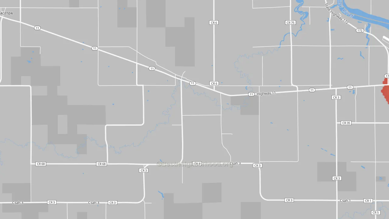 Walk Grade map of Pitt, MN, walkable areas in green and car-dependent areas in red