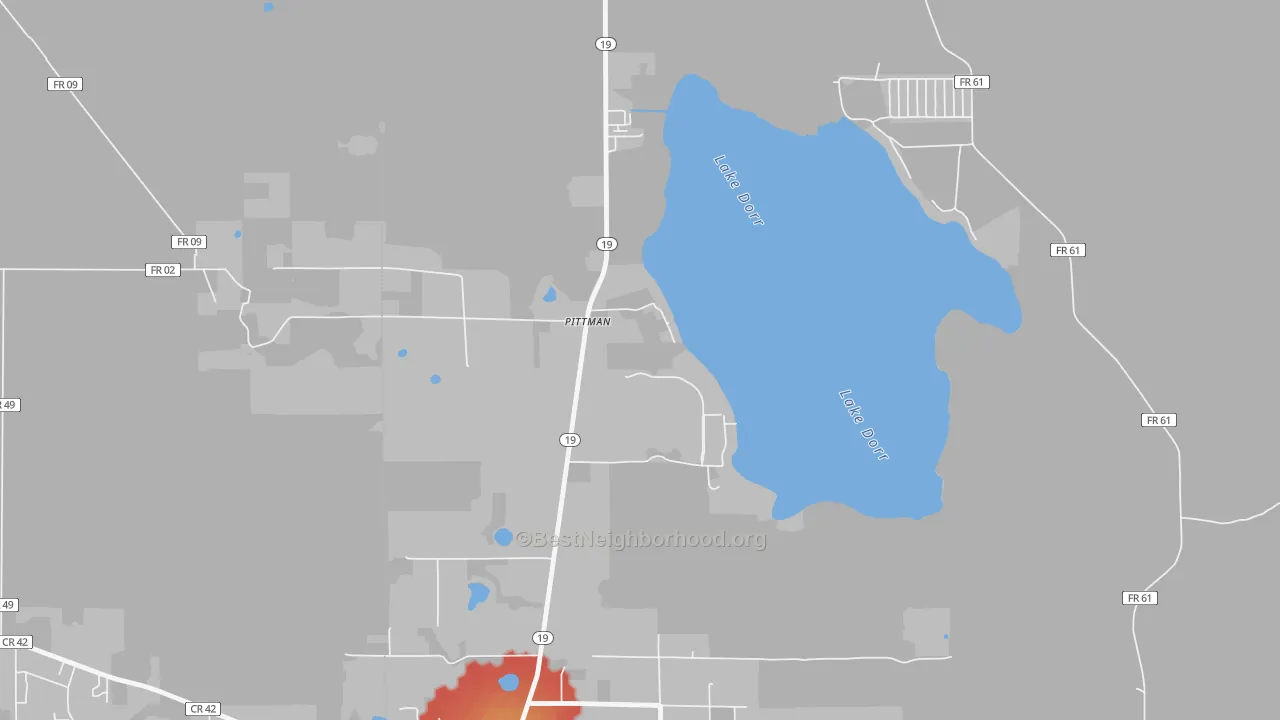 Walk Grade map of Pittman, FL, walkable areas in green and car-dependent areas in red