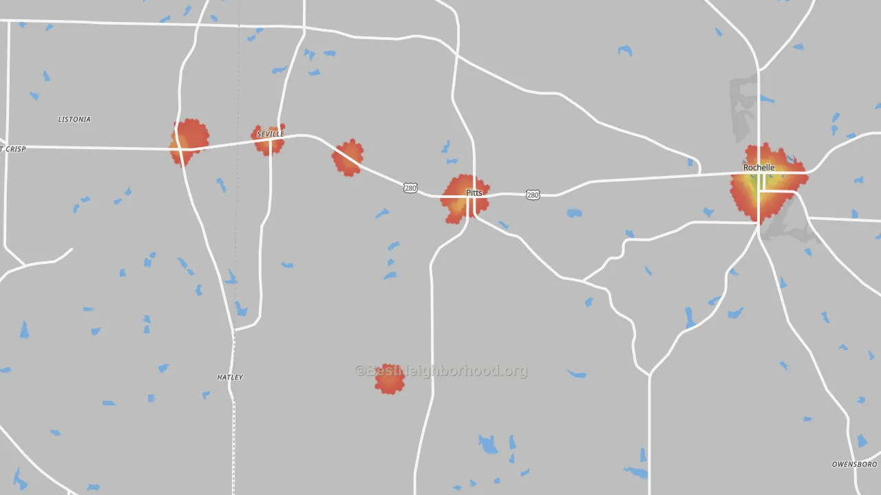 Walk Grade map of Pitts, GA, walkable areas in green and car-dependent areas in red