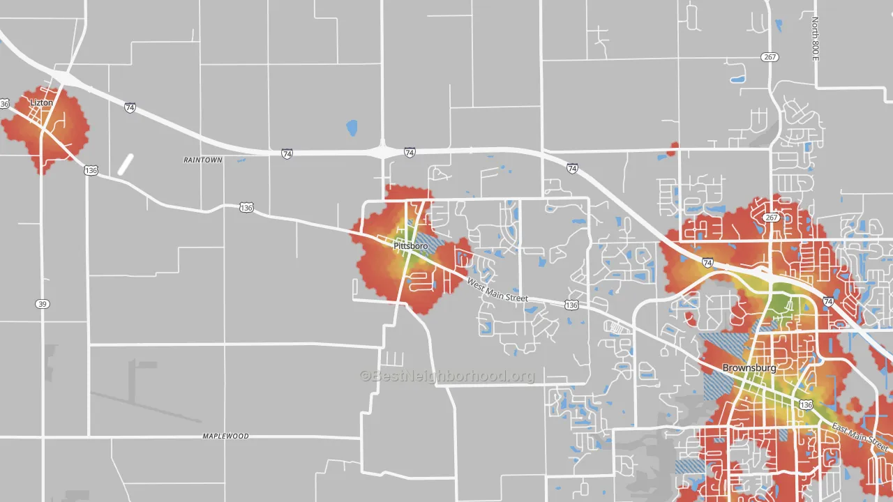 Walk Grade map of Pittsboro, IN, walkable areas in green and car-dependent areas in red