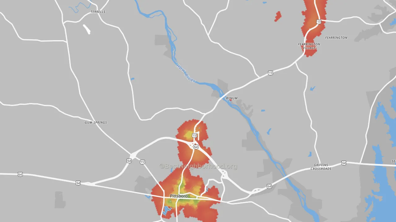 Walk Grade map of Pittsboro, NC, walkable areas in green and car-dependent areas in red