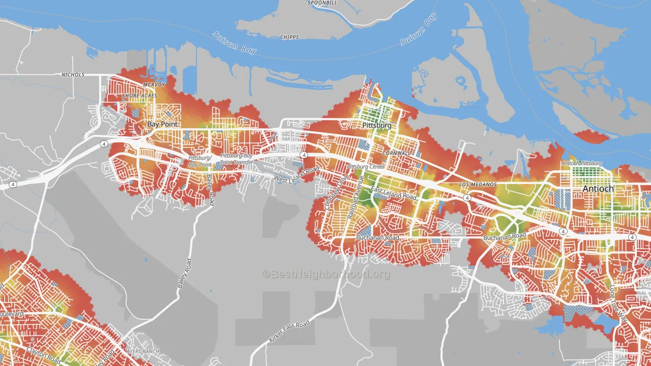 Walk Grade map of Pittsburg, CA, walkable areas in green and car-dependent areas in red
