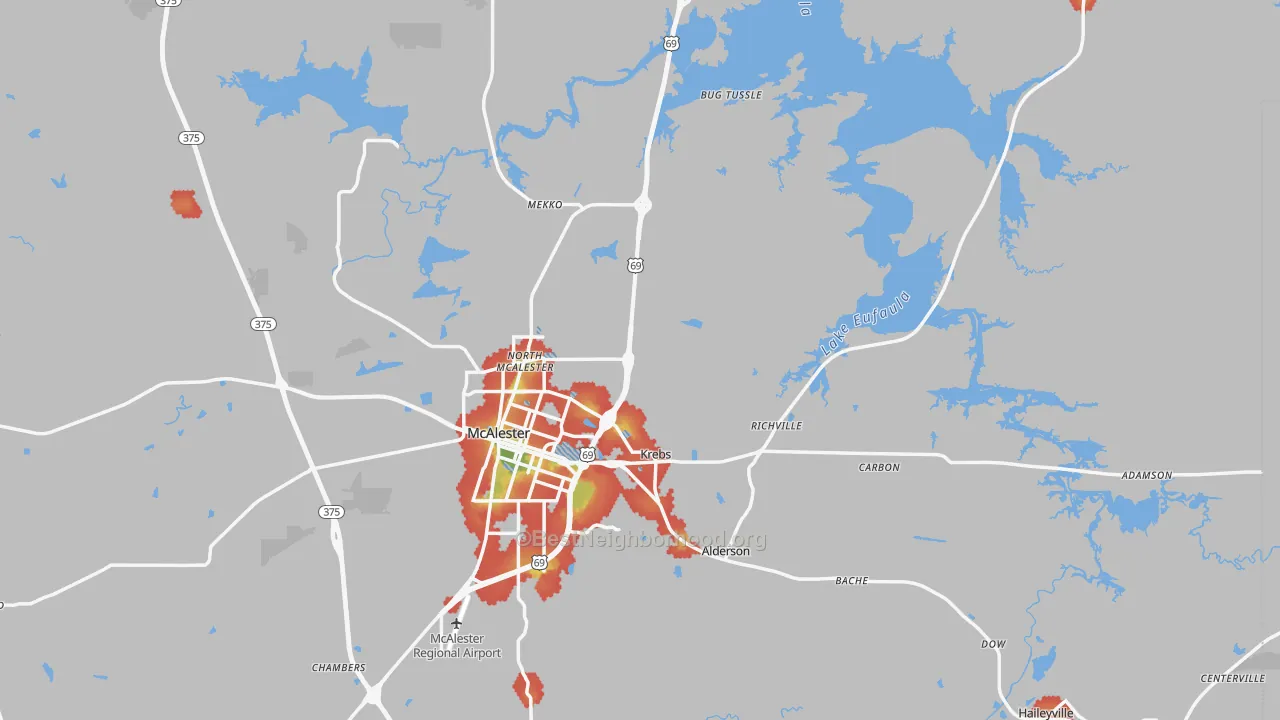 Walk Grade map of Pittsburg County, OK, walkable areas in green and car-dependent areas in red