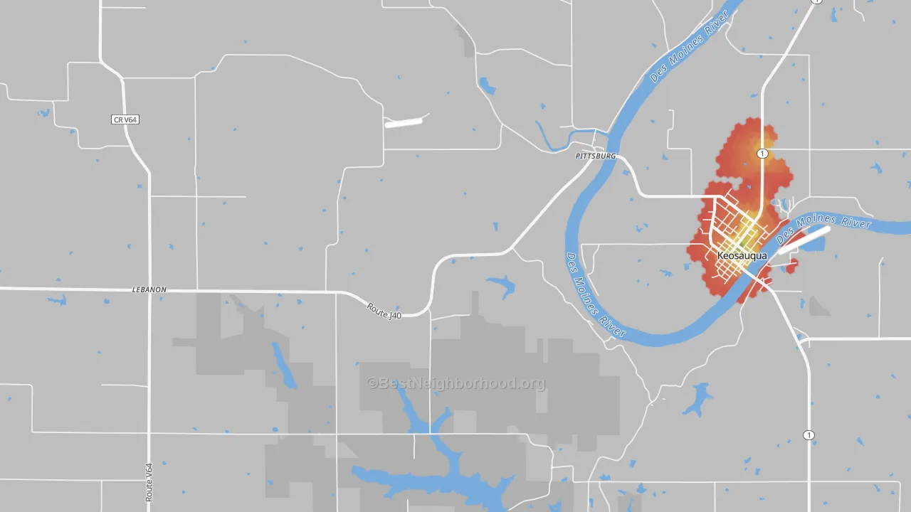 Walk Grade map of Pittsburg, IA, walkable areas in green and car-dependent areas in red