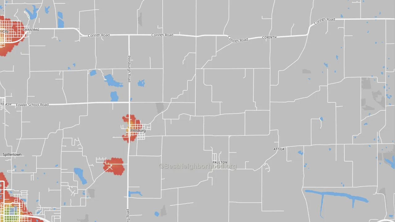 Walk Grade map of Pittsburg, IL, walkable areas in green and car-dependent areas in red