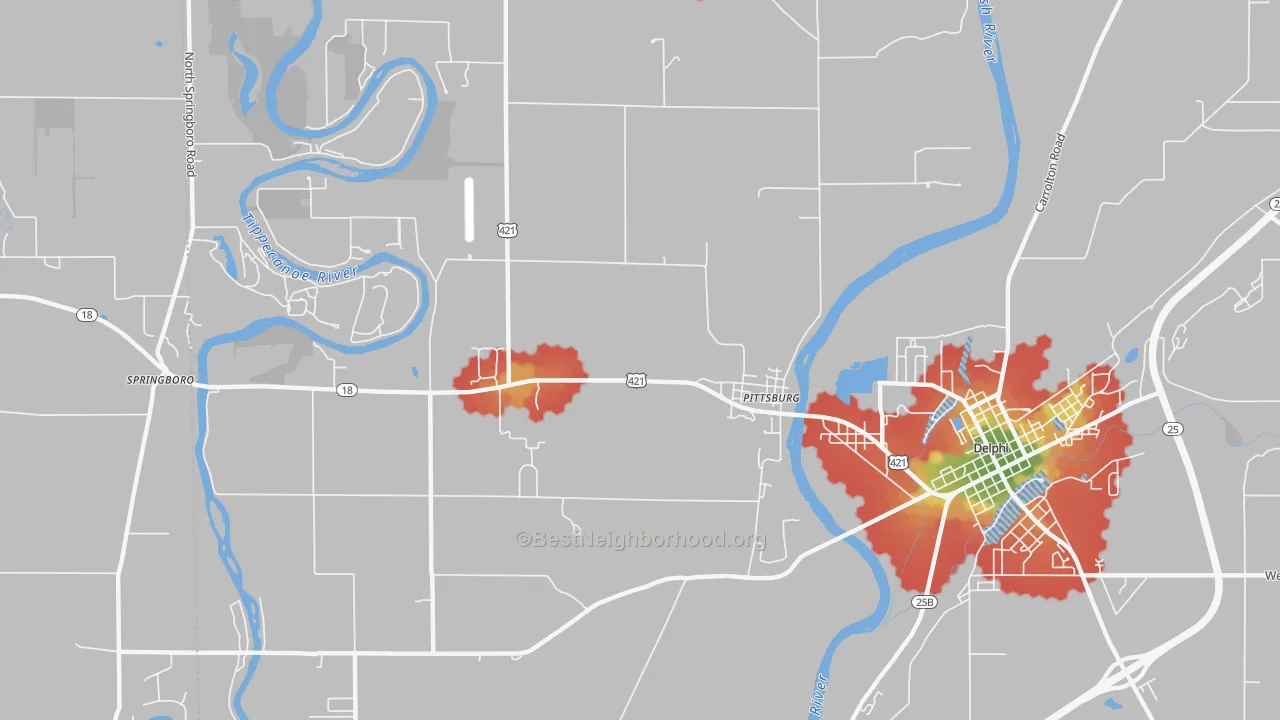 Walk Grade map of Pittsburg, IN, walkable areas in green and car-dependent areas in red