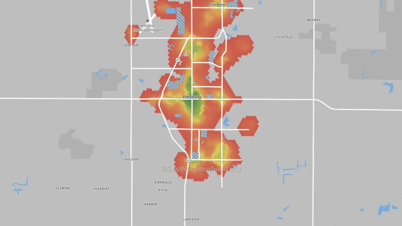 Walk Grade map of Pittsburg, KS, walkable areas in green and car-dependent areas in red