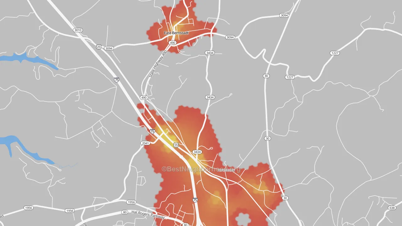 Walk Grade map of Pittsburg, KY, walkable areas in green and car-dependent areas in red
