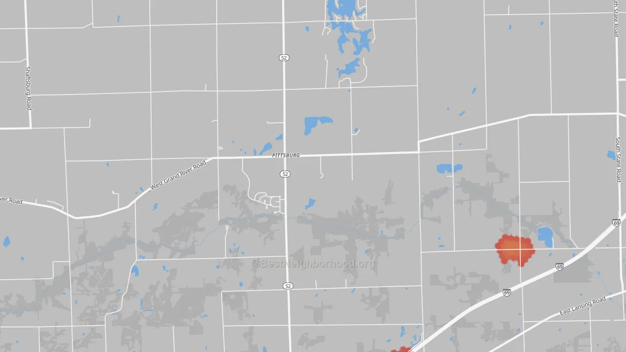 Walk Grade map of Pittsburg, MI, walkable areas in green and car-dependent areas in red