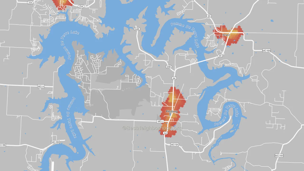 Walk Grade map of Pittsburg, MO, walkable areas in green and car-dependent areas in red