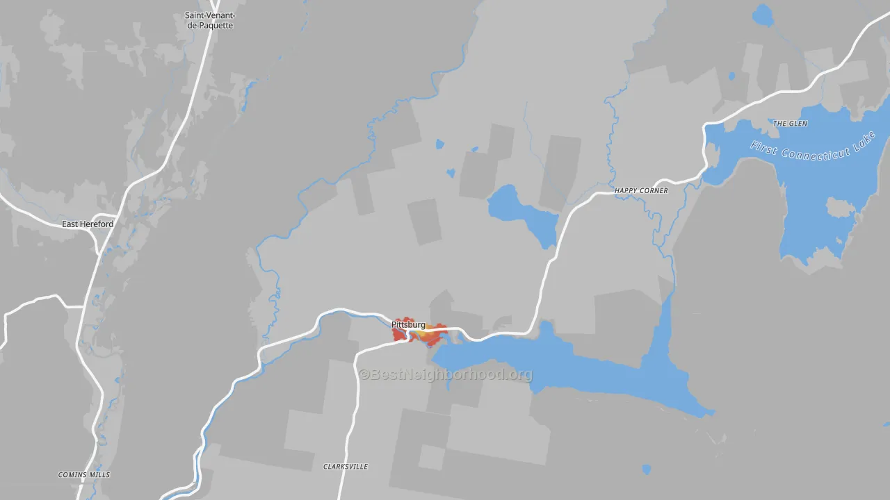 Walk Grade map of Pittsburg, NH, walkable areas in green and car-dependent areas in red