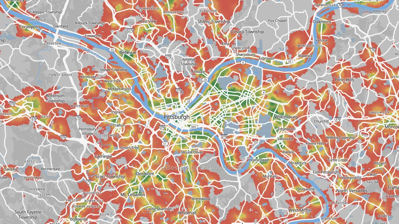 Walk Grade map of Pittsburgh, PA, walkable areas in green and car-dependent areas in red