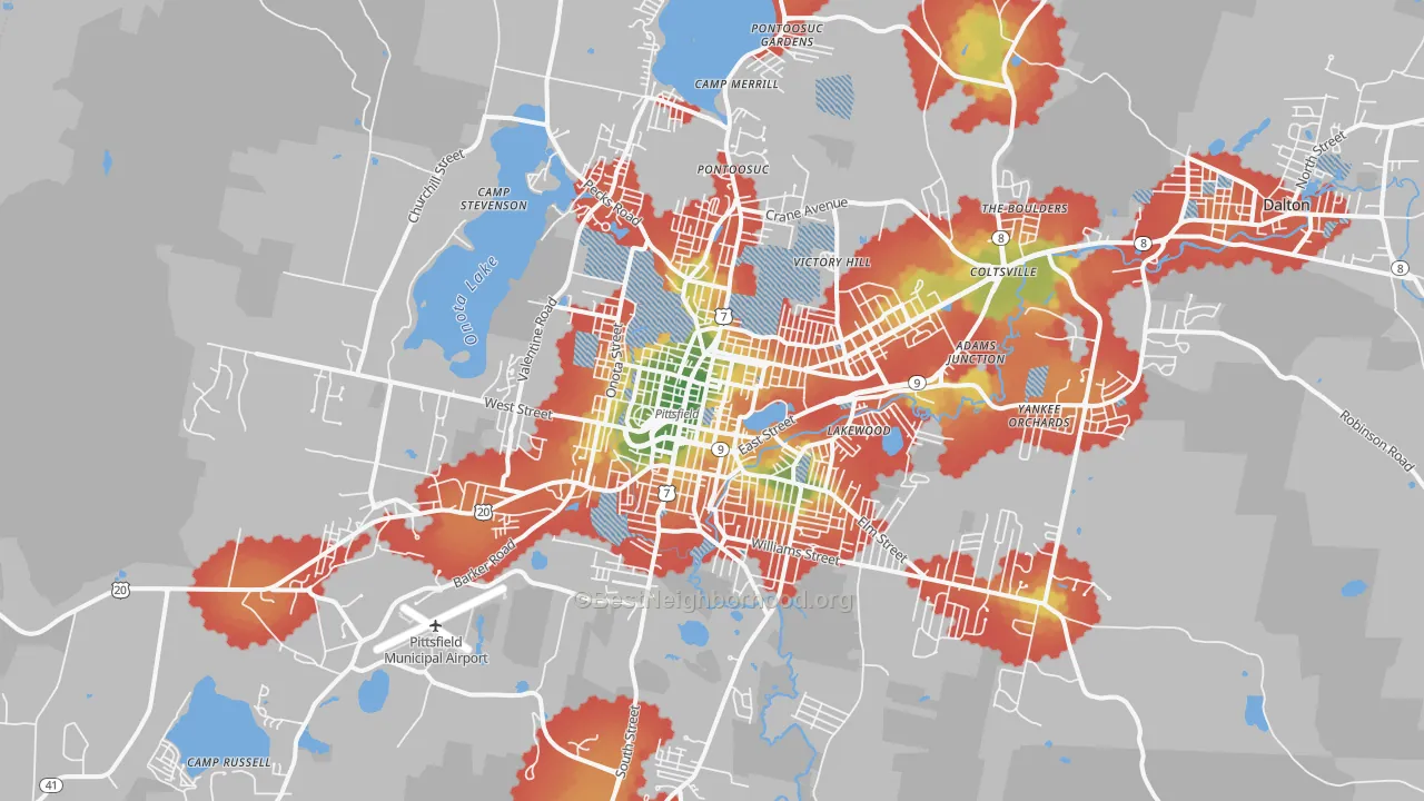 Walk Grade map of Pittsfield, MA, walkable areas in green and car-dependent areas in red