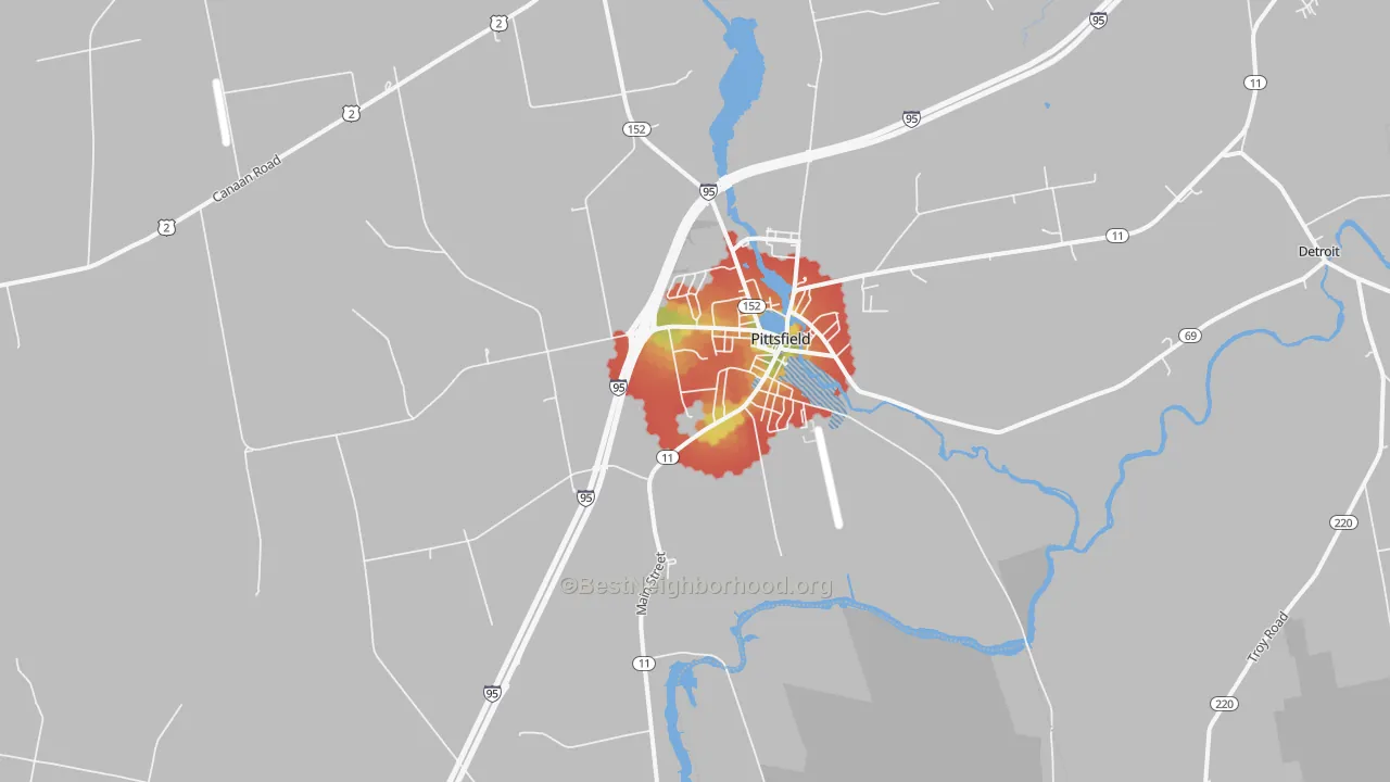 Walk Grade map of Pittsfield, ME, walkable areas in green and car-dependent areas in red