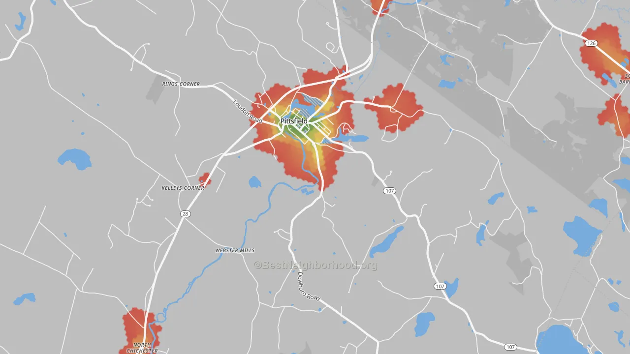 Walk Grade map of Pittsfield, NH, walkable areas in green and car-dependent areas in red