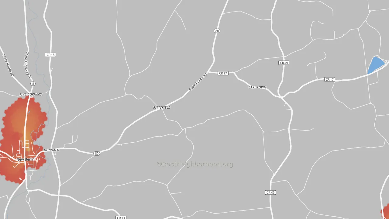 Walk Grade map of Pittsfield, NY, walkable areas in green and car-dependent areas in red