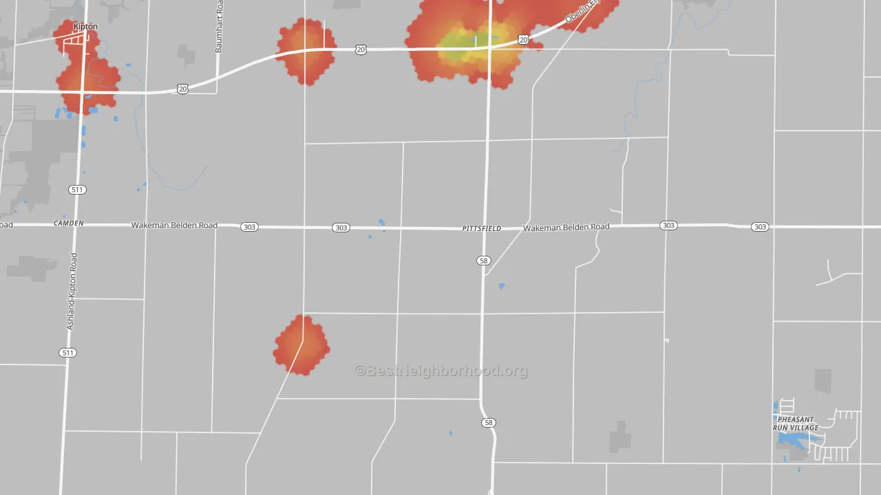 Walk Grade map of Pittsfield, OH, walkable areas in green and car-dependent areas in red