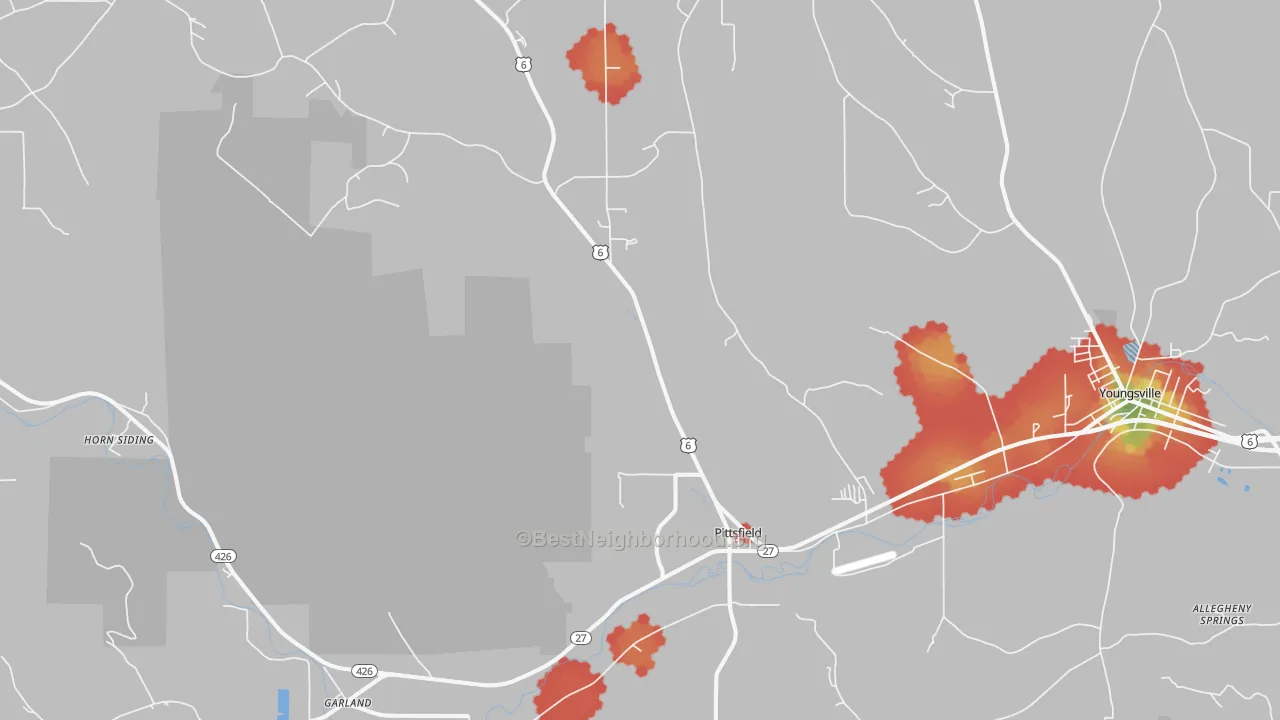 Walk Grade map of Pittsfield, PA, walkable areas in green and car-dependent areas in red