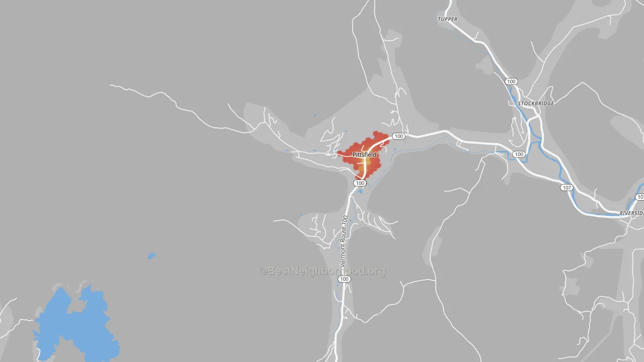 Walk Grade map of Pittsfield, VT, walkable areas in green and car-dependent areas in red