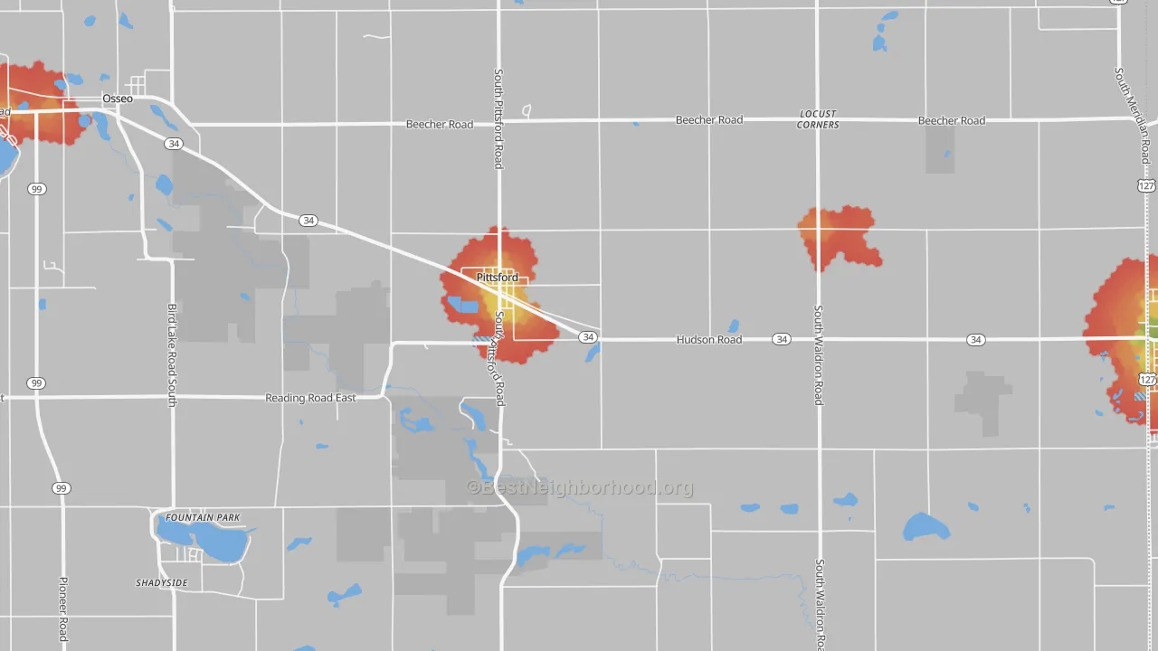 Walk Grade map of Pittsford, MI, walkable areas in green and car-dependent areas in red