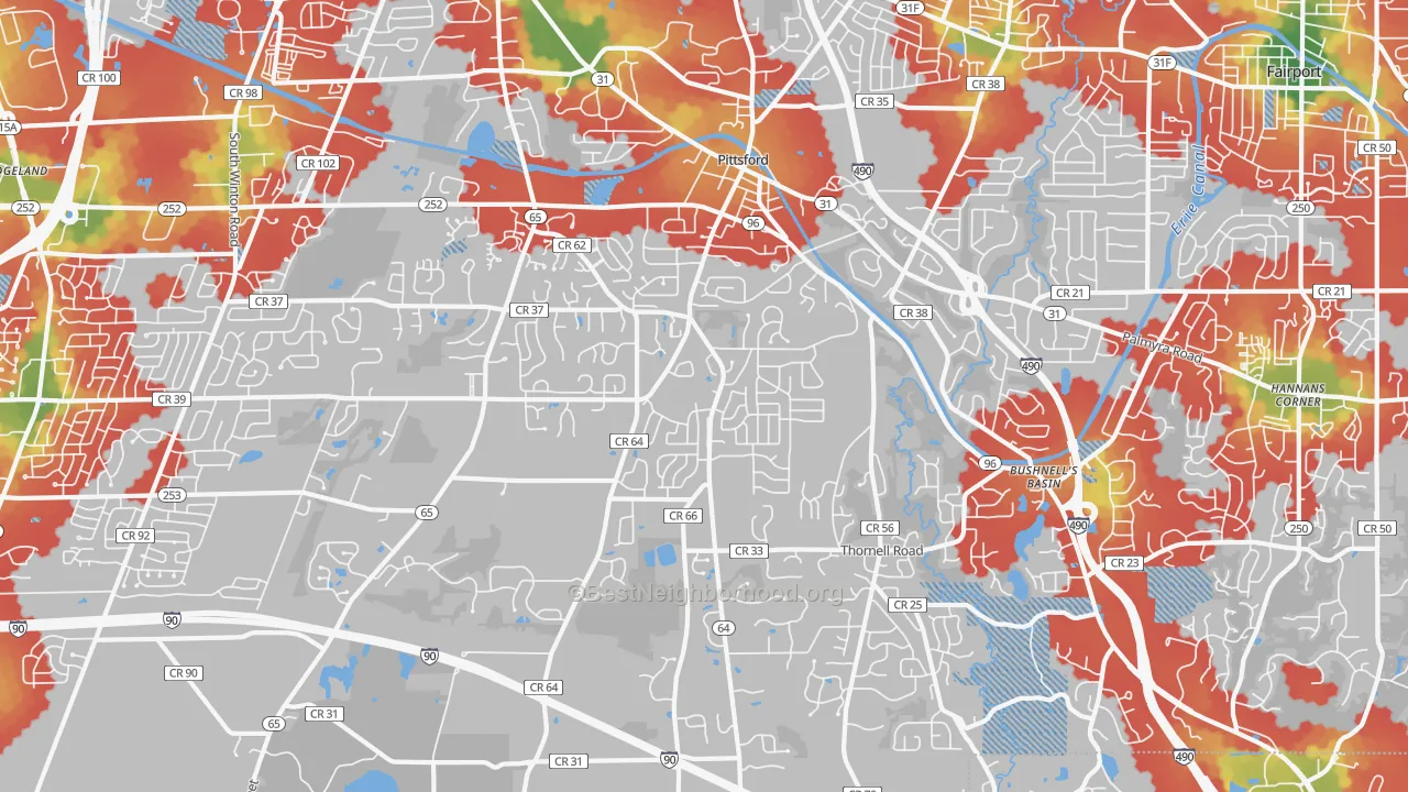 Walk Grade map of Pittsford, NY, walkable areas in green and car-dependent areas in red